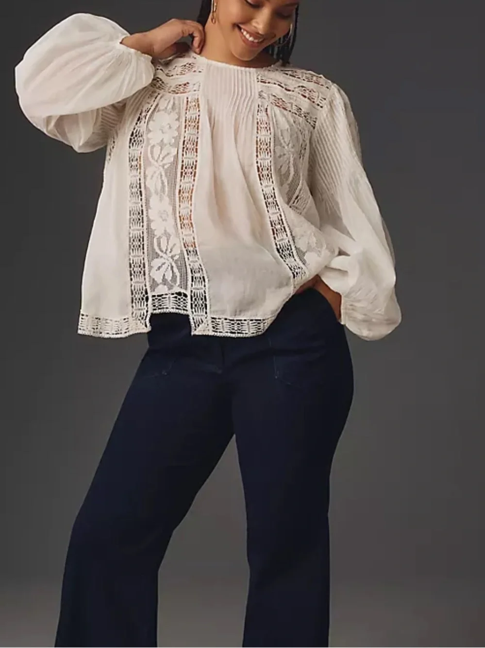 Forever That Girl Long Sleeve Lace Peasant Blouse By Anthopologie - Ivory NWOT